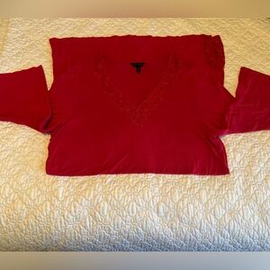 Soma Cool Nights Red V-Neck Lace Trim Pajama long Sleep Shirt with 3/4 sleeve.